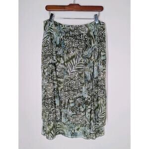 Vintage R.Q.T. Green Nature Print Beachy Y2K Sheer Chiffon Layered Skirt Size 12